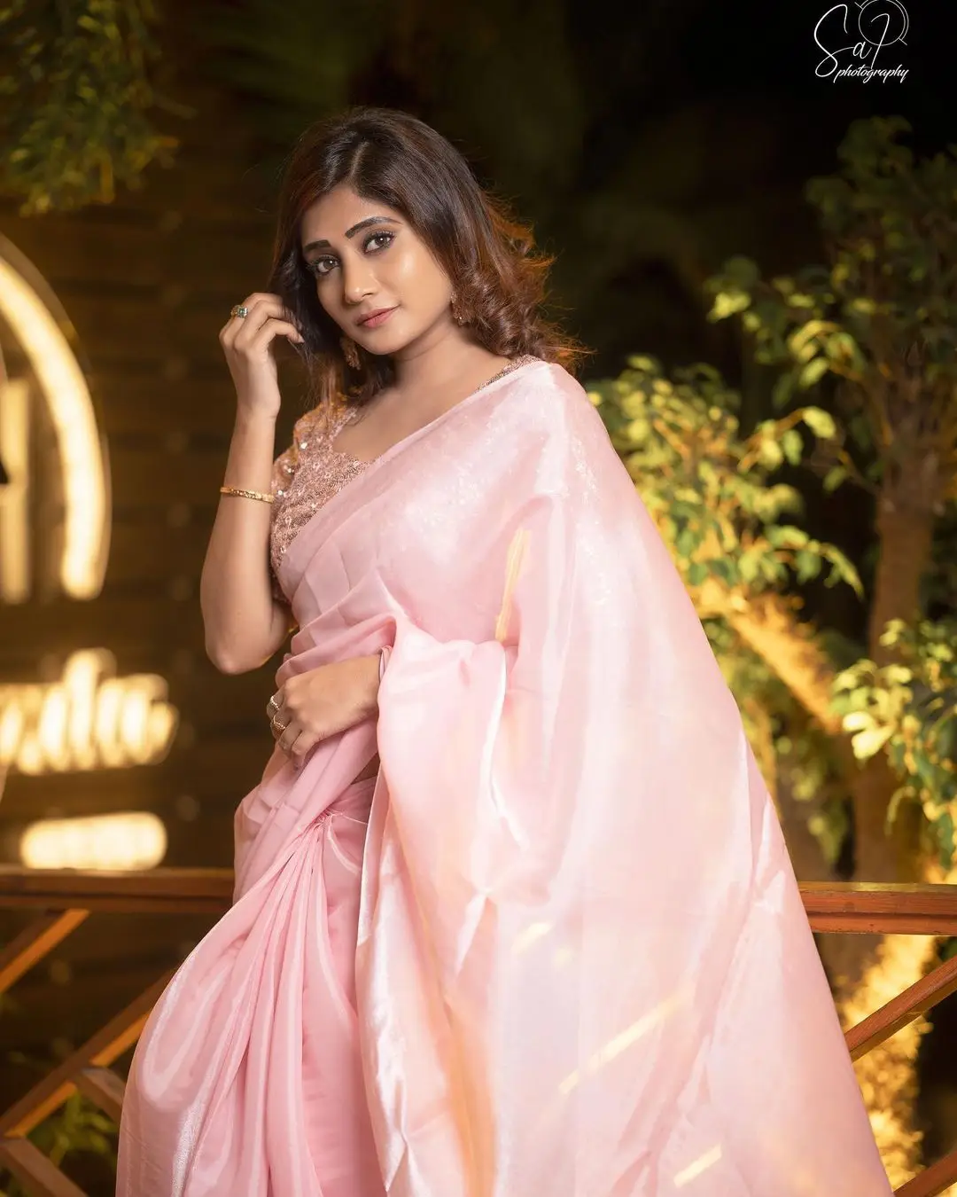 Vasanthi Krishnan Wearing Pink Saree Blouse